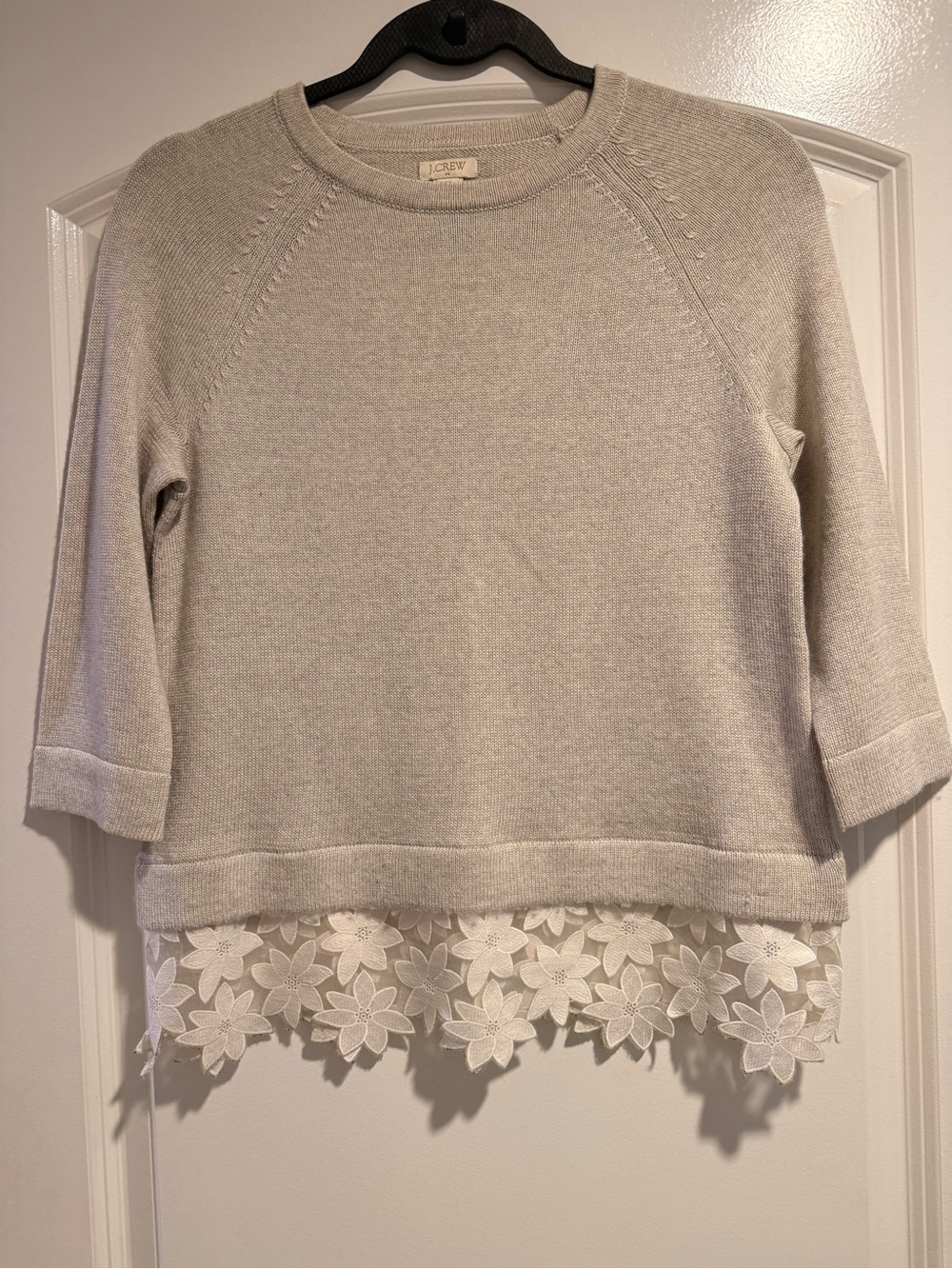 J. Crew Light Gray Crewneck Sweater with White Floral Lace Hem